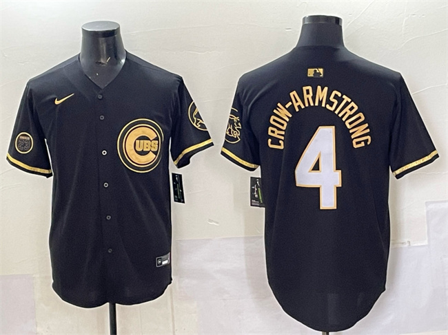 Men's Chicago Cubs #4 Pete Crow-Armstrong Black/Gold 'Ryne Sandberg Tribute' Vapor Limited V2 Stitched Baseball Jersey Men's Chicago Cubs #4 Pete Crow-Armstrong Black/Gold 'Ryne Sandberg Tribute' Vapor Limited V2 Stitched Baseball Jersey